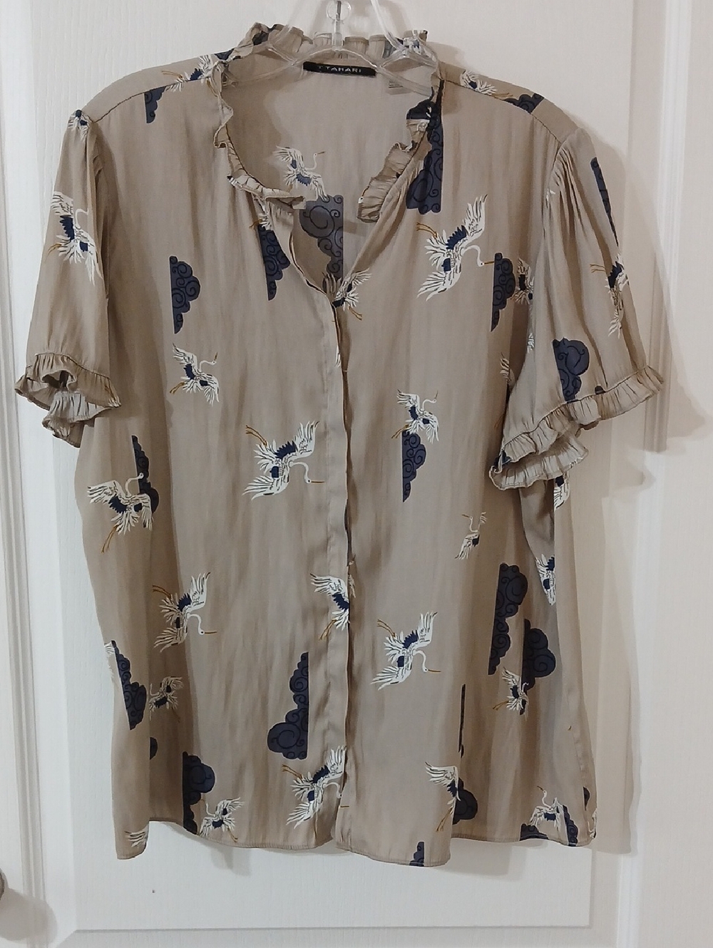 Tahari Taupe Blouse with Gray Crane Print